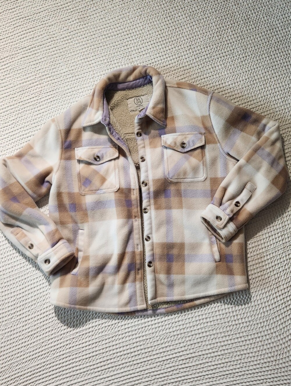 Plaid Sherpa-Lined Shacket in Cream and Tan
